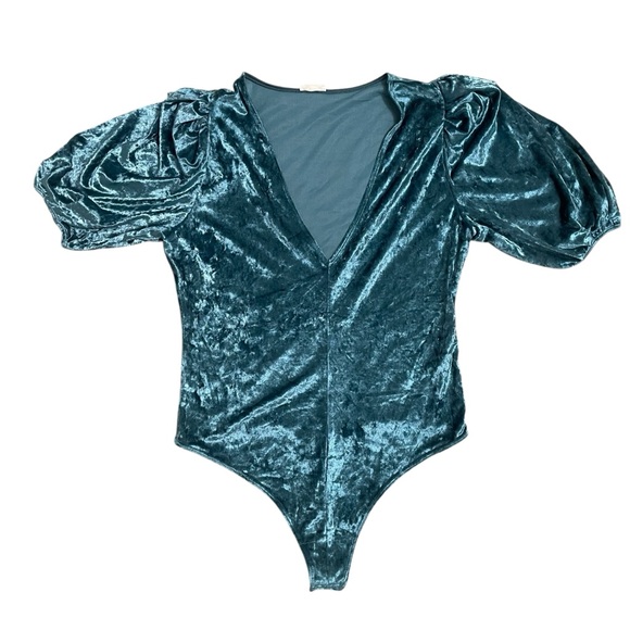Teal Crushed Velvet V-Neck Bodysuit - Picture 2 of 10